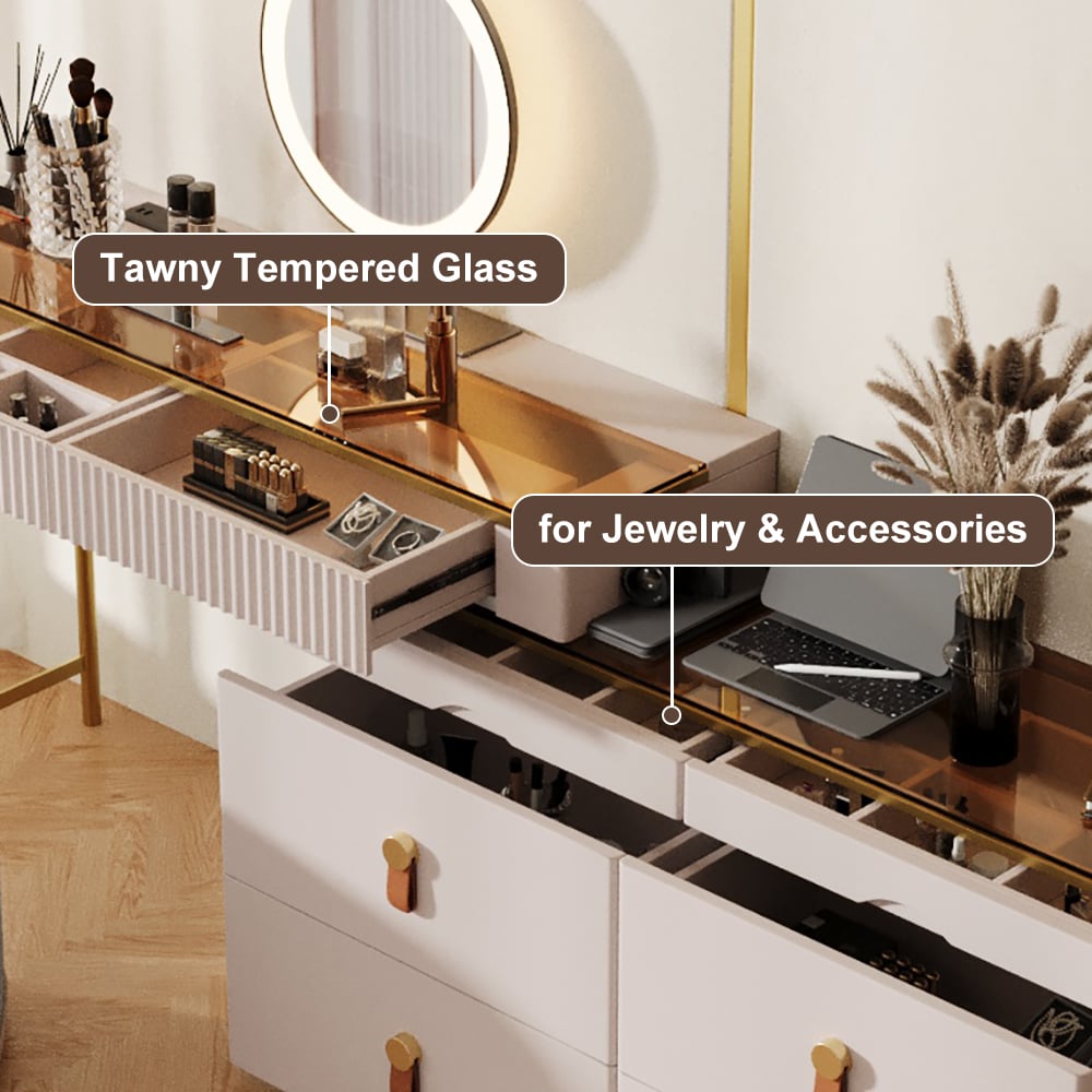 Chanor Modern Champagne Dresser Vanity Set Extendable Desk Vanity Combo Stool & Light