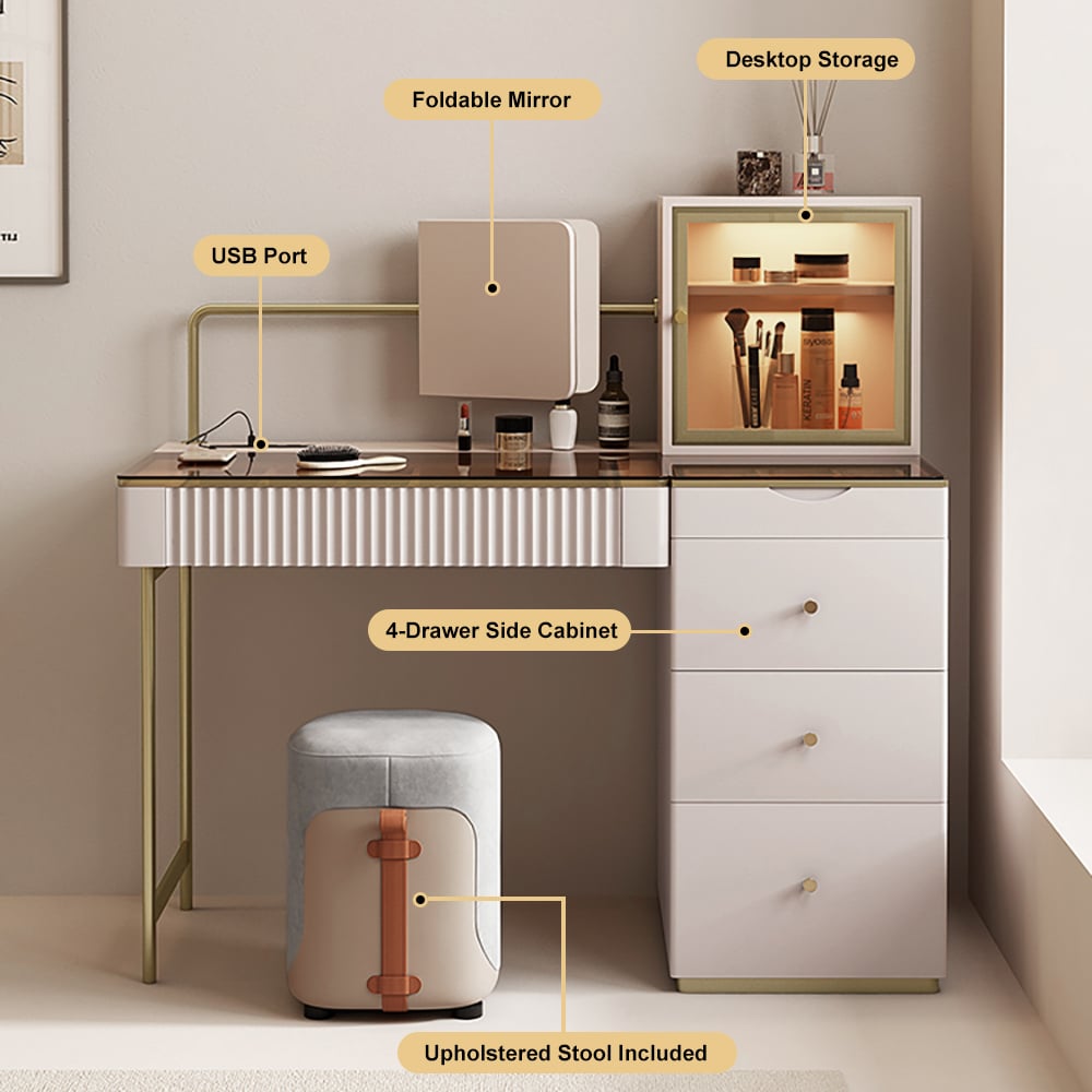 Chanor Makeup Vanity Set Mirrored Dressing Table with Jewelry Storage & Cabinet & Stool