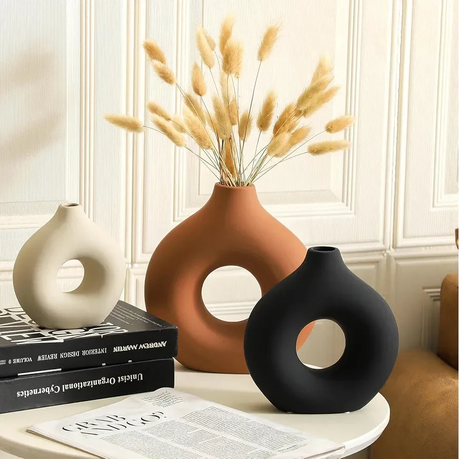 Ceramic Vase Home Table Decor - Flower Vases Set of 3 Small Living Room Centerpiece Decorations for Shelf Bedroom Office Kitchen Dining Desk Modern Aesthetic Farmhouse Decorative 