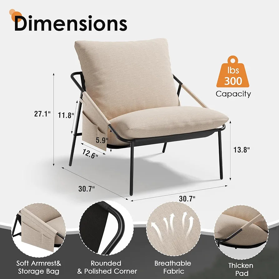 Apicizon Accent Chairs Set of 2, Upholstered Soft Reading Chair, Modern Metal Frame Arm Chair with Pockets Back Pillow, Comfortable Accent Chair for Living Room RV Bedroom