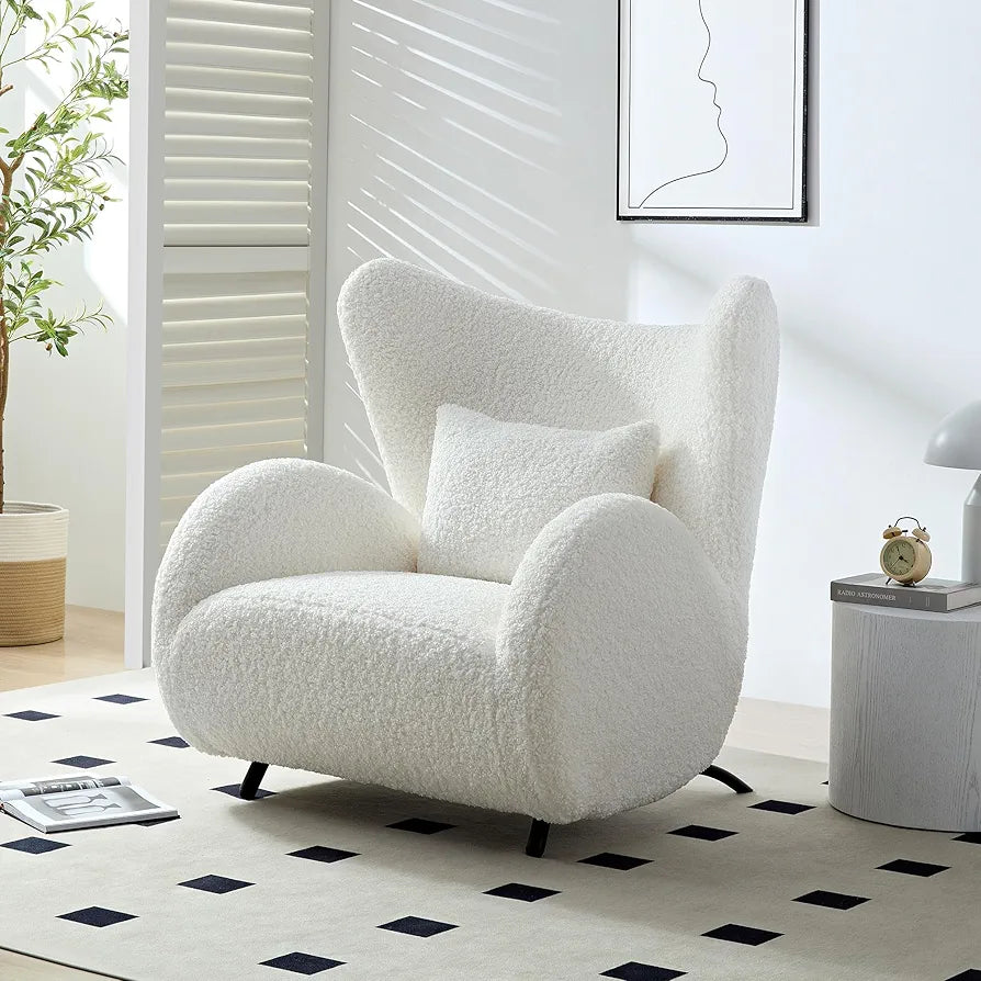 Modern Design Cream Boucle Accent Chair, Furry Sherpa Elegant Single Sofa, Oversized Chair Living Room Chairs Comfy Upholstered Armchair for Bedroom Office Apartment Balcony Beige