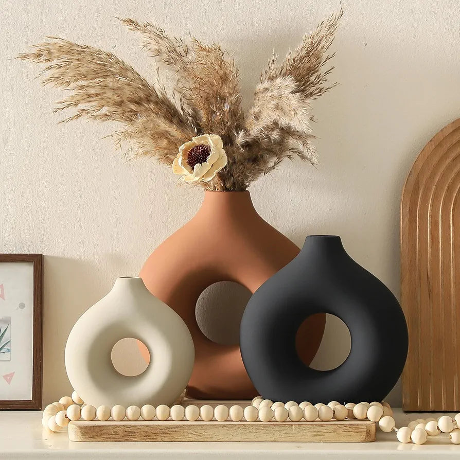 Ceramic Vase Home Table Decor - Flower Vases Set of 3 Small Living Room Centerpiece Decorations for Shelf Bedroom Office Kitchen Dining Desk Modern Aesthetic Farmhouse Decorative 