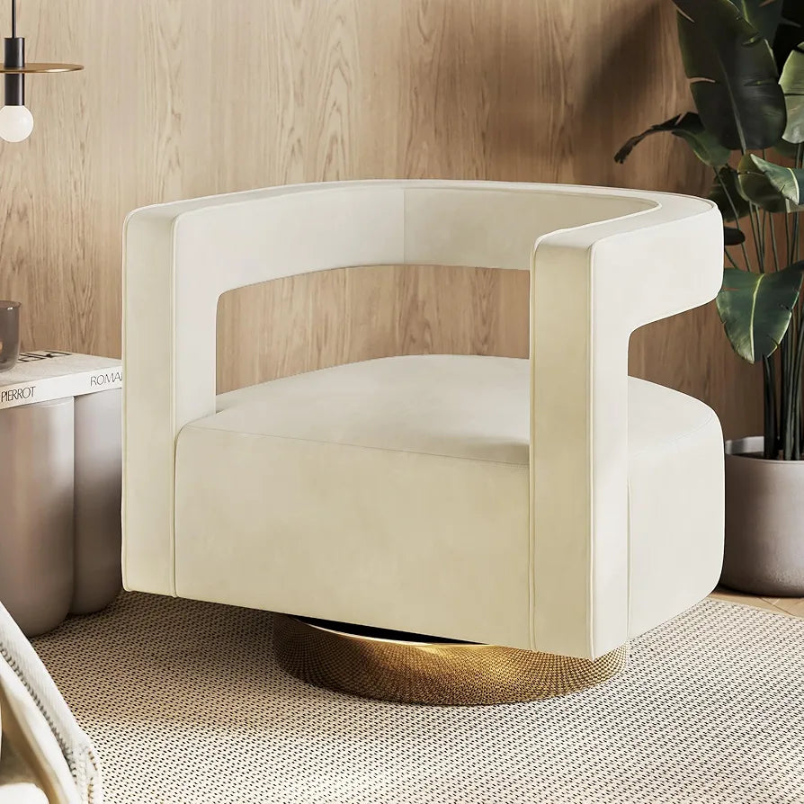 BELLEZE Swivel Barrel Accent Chair Set of 2, Modern Upholstered Arm Comfy Velvet Curved Back Round Chair with Gold Base Wood Frame, 360 Degree for Living Room Bedroom Office,Ivory