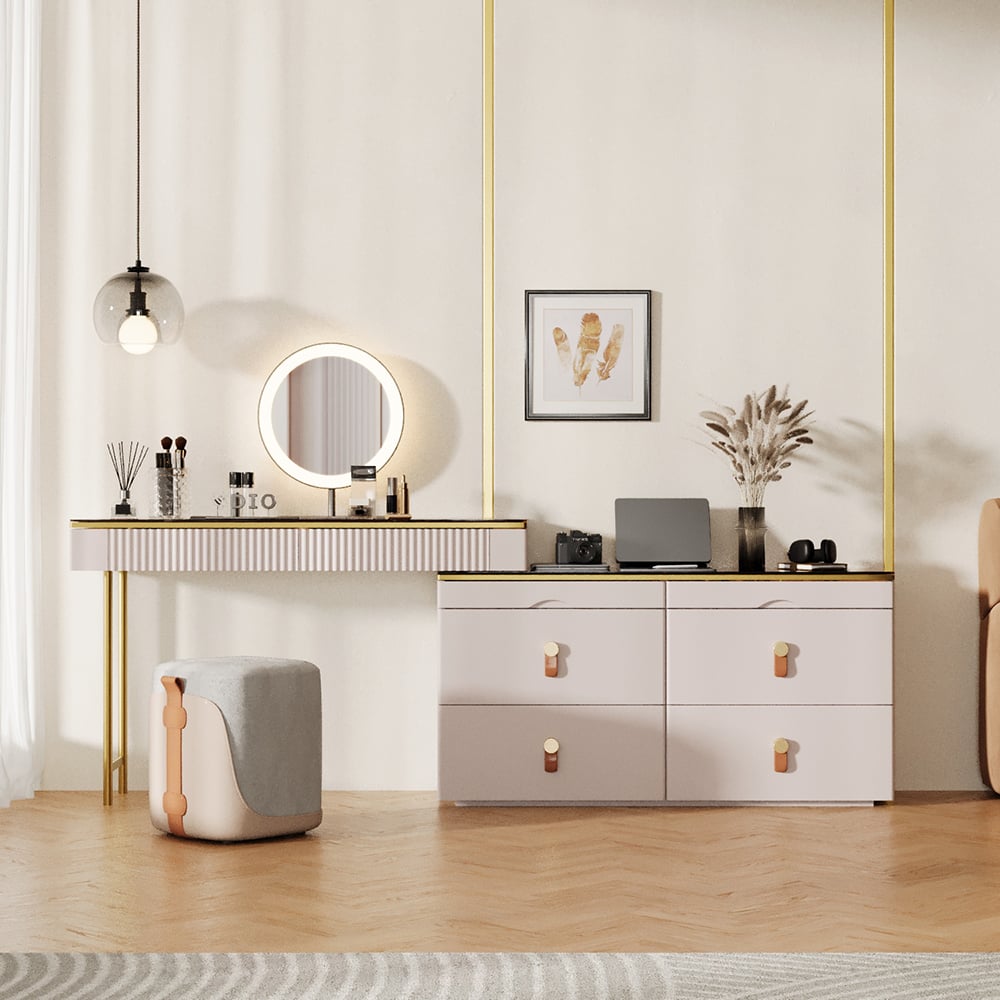 Chanor Modern Champagne Dresser Vanity Set Extendable Desk Vanity Combo Stool & Light