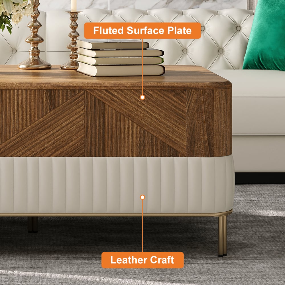 Wovent Mid-Century Modern Walnut Wood Rectangular Coffee Table with Storage