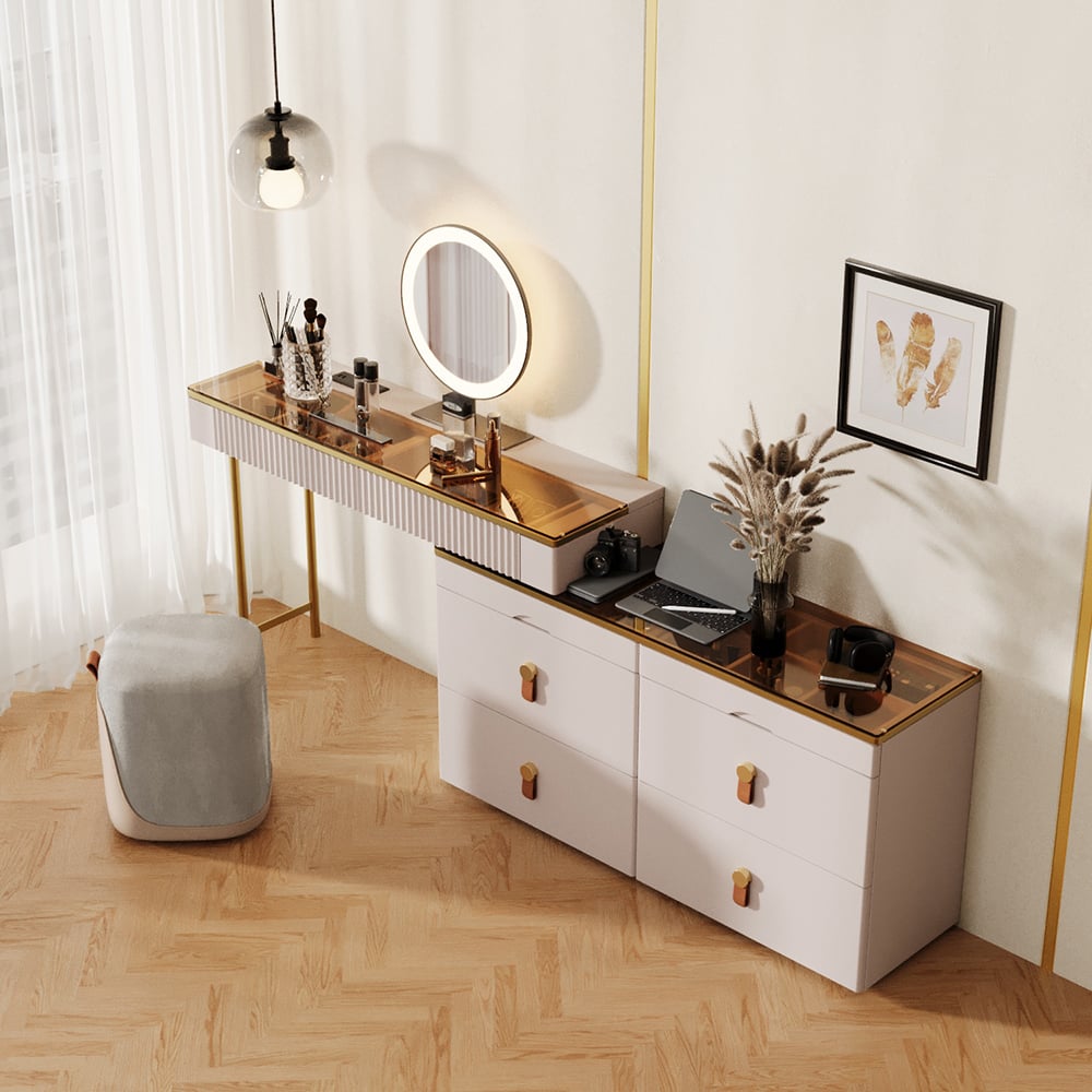 Chanor Modern Champagne Dresser Vanity Set Extendable Desk Vanity Combo Stool & Light