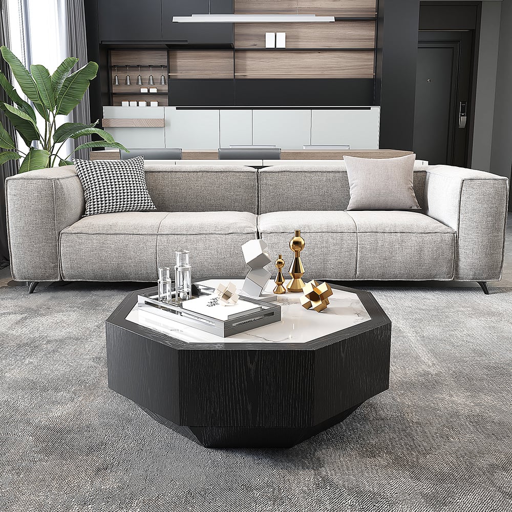 Wood Octagonal Coffee Table Rotating in Black with 2 Drawers Sintered Stone Top