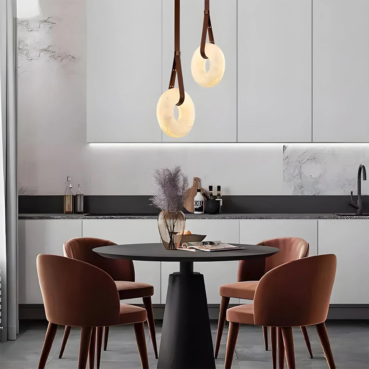 Antizer Round Spanish Alabaster Pendant Light Leather Hanging Wire