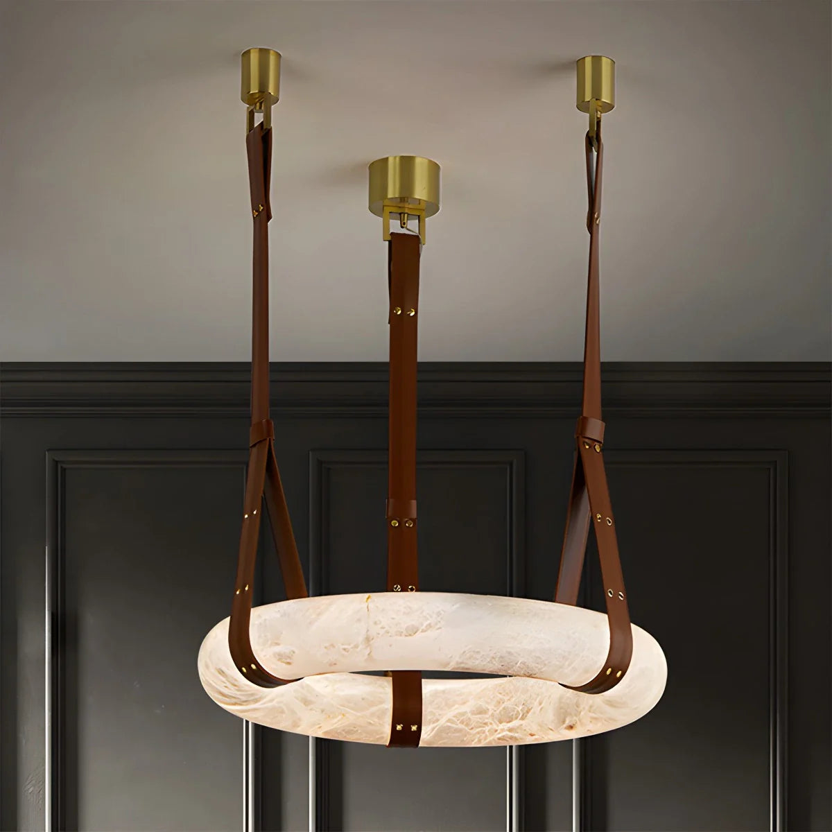 Antizer Round Spanish Alabaster Pendant Light Leather Hanging Wire