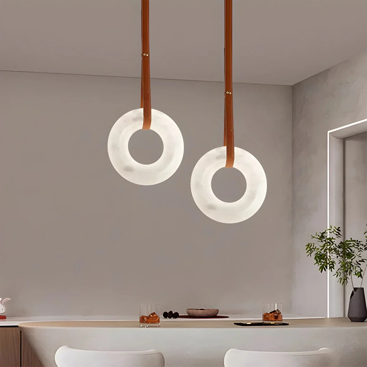 Antizer Round Spanish Alabaster Pendant Light Leather Hanging Wire