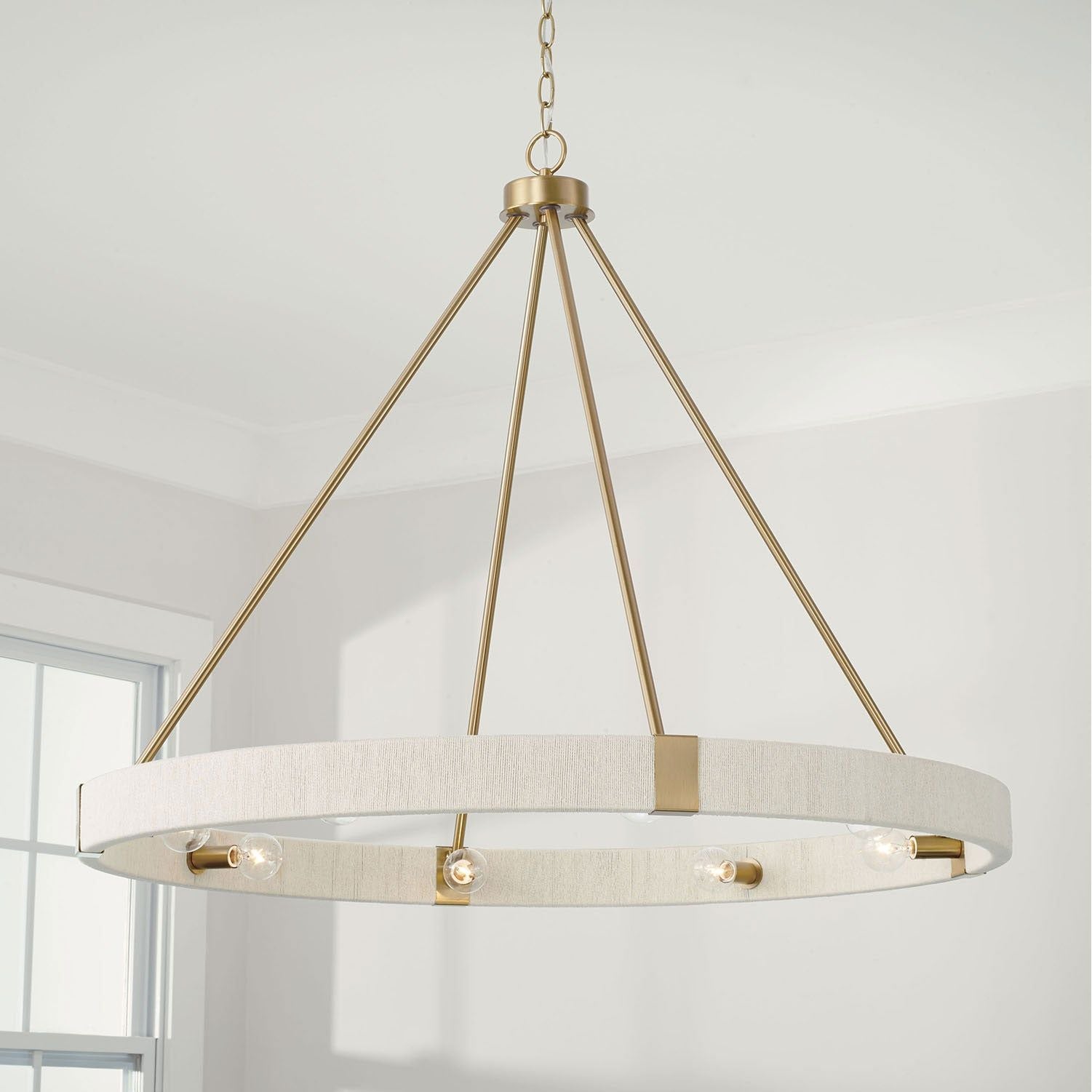 Delaney Matte Brass Chandelier with Bleached Natural Rope Accents - Elegant Designer Lighting