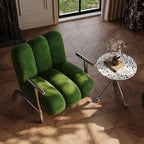 Traditional Chinese Lambswool Suede Wood Stainless Steel Square Wave Accent Chair With Armrest & Backrest For Living Room