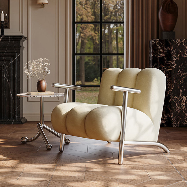 Traditional Chinese Lambswool Suede Wood Stainless Steel Square Wave Accent Chair With Armrest & Backrest For Living Room