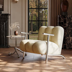 Traditional Chinese Lambswool Suede Wood Stainless Steel Square Wave Accent Chair With Armrest & Backrest For Living Room