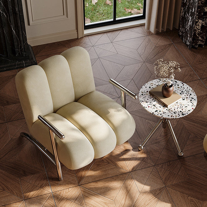 Traditional Chinese Lambswool Suede Wood Stainless Steel Square Wave Accent Chair With Armrest & Backrest For Living Room