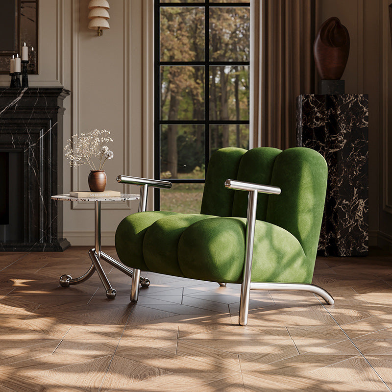 Traditional Chinese Lambswool Suede Wood Stainless Steel Square Wave Accent Chair With Armrest & Backrest For Living Room