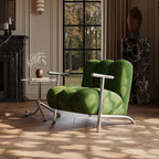 Traditional Chinese Lambswool Suede Wood Stainless Steel Square Wave Accent Chair With Armrest & Backrest For Living Room