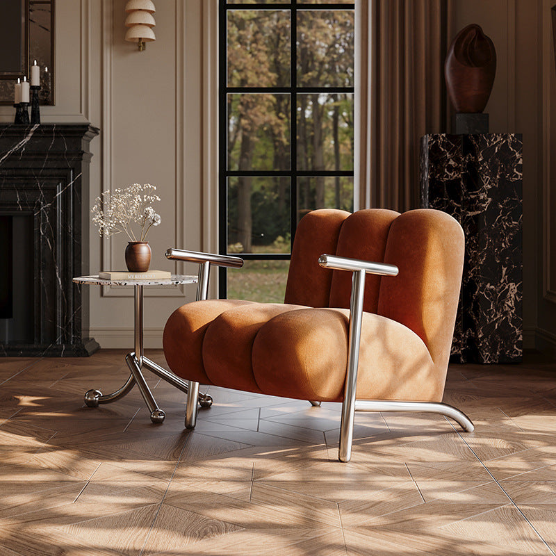 Traditional Chinese Lambswool Suede Wood Stainless Steel Square Wave Accent Chair With Armrest & Backrest For Living Room