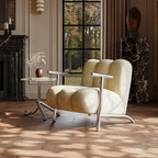 Traditional Chinese Lambswool Suede Wood Stainless Steel Square Wave Accent Chair With Armrest & Backrest For Living Room