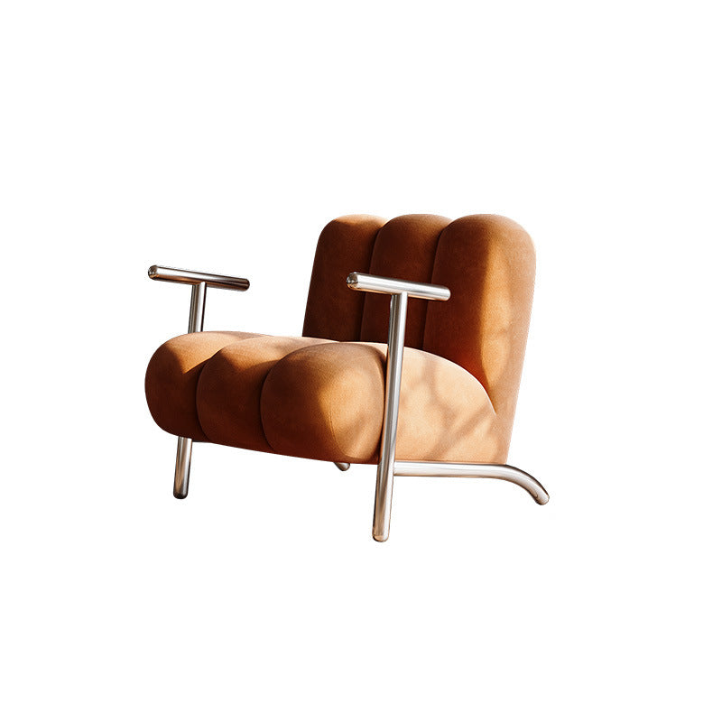 Traditional Chinese Lambswool Suede Wood Stainless Steel Square Wave Accent Chair With Armrest & Backrest For Living Room