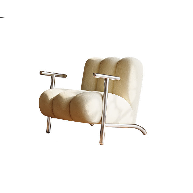 Traditional Chinese Lambswool Suede Wood Stainless Steel Square Wave Accent Chair With Armrest & Backrest For Living Room