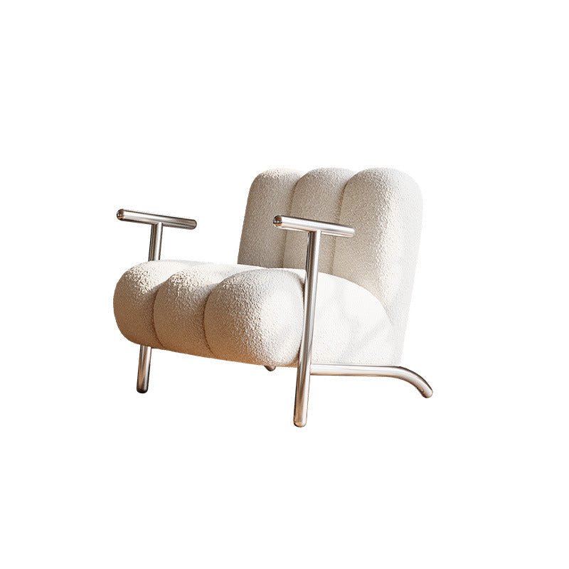 Traditional Chinese Lambswool Suede Wood Stainless Steel Square Wave Accent Chair With Armrest & Backrest For Living Room