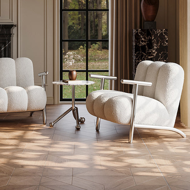 Traditional Chinese Lambswool Suede Wood Stainless Steel Square Wave Accent Chair With Armrest & Backrest For Living Room