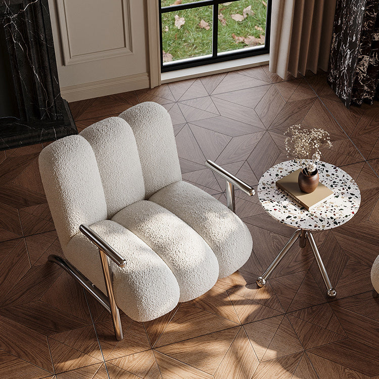 Traditional Chinese Lambswool Suede Wood Stainless Steel Square Wave Accent Chair With Armrest & Backrest For Living Room