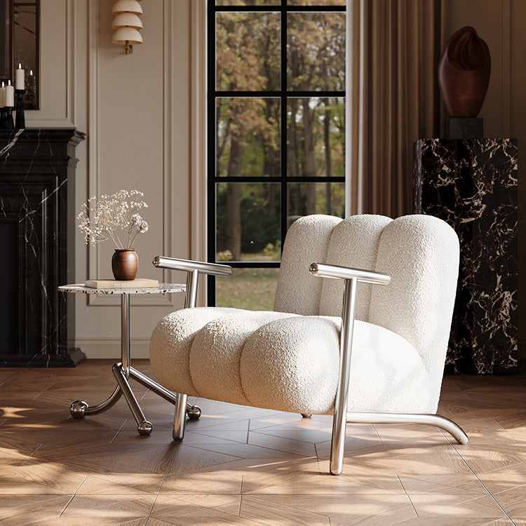 Traditional Chinese Lambswool Suede Wood Stainless Steel Square Wave Accent Chair With Armrest & Backrest For Living Room