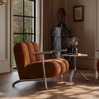 Traditional Chinese Lambswool Suede Wood Stainless Steel Square Wave Accent Chair With Armrest & Backrest For Living Room