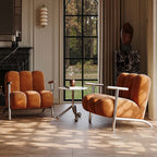 Traditional Chinese Lambswool Suede Wood Stainless Steel Square Wave Accent Chair With Armrest & Backrest For Living Room