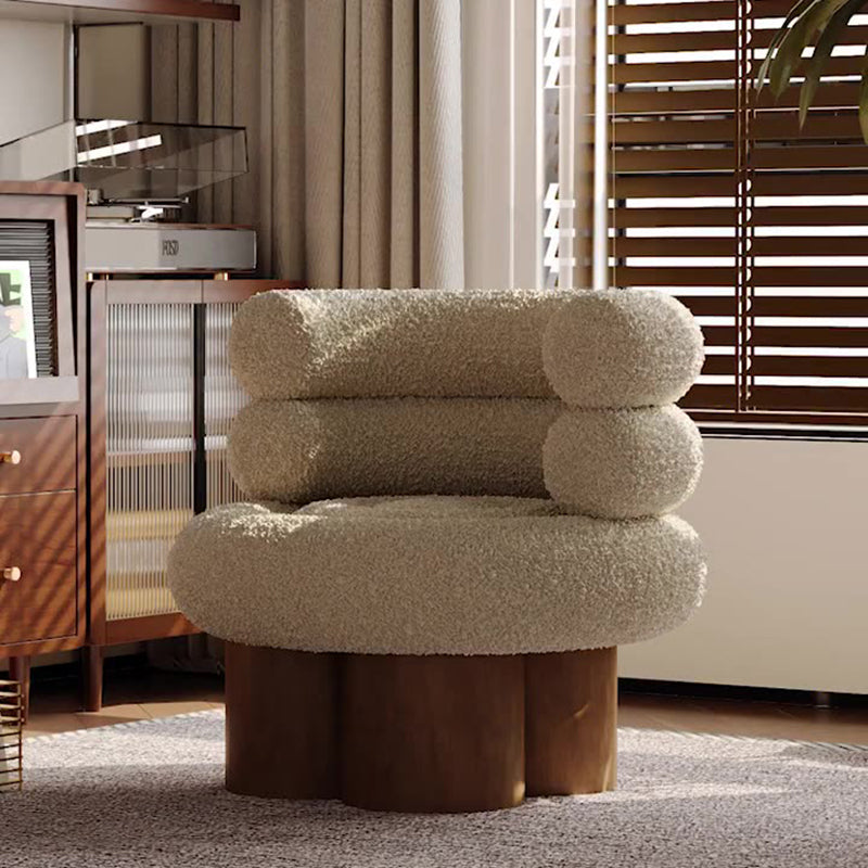 Traditional French Teddy Fleece Carbon Steel Solid Wood Curved Round Cylindrical Accent Chair With Backrest For Living Room
