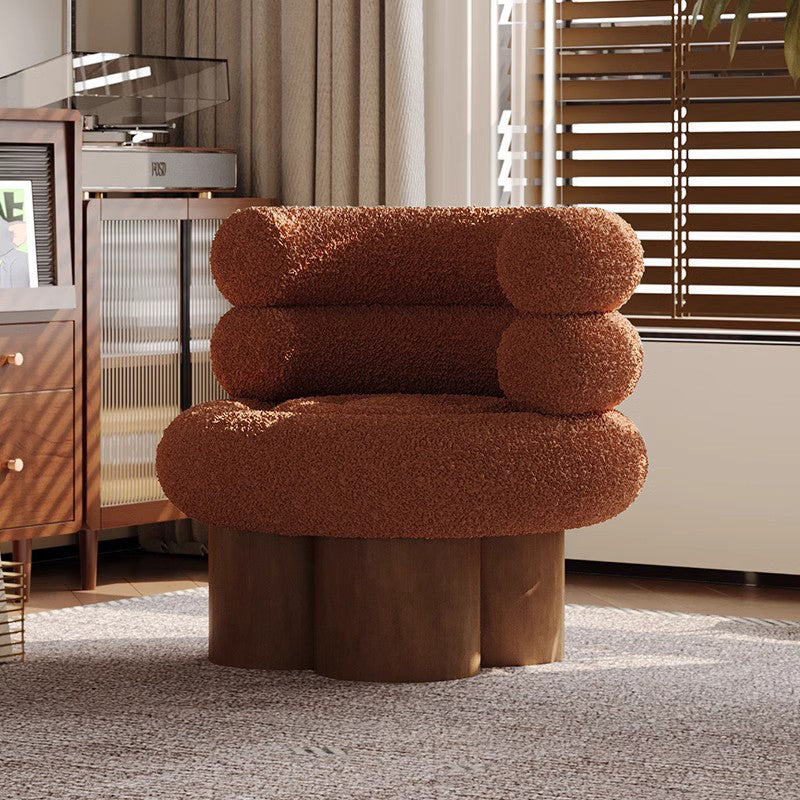 Traditional French Teddy Fleece Carbon Steel Solid Wood Curved Round Cylindrical Accent Chair With Backrest For Living Room