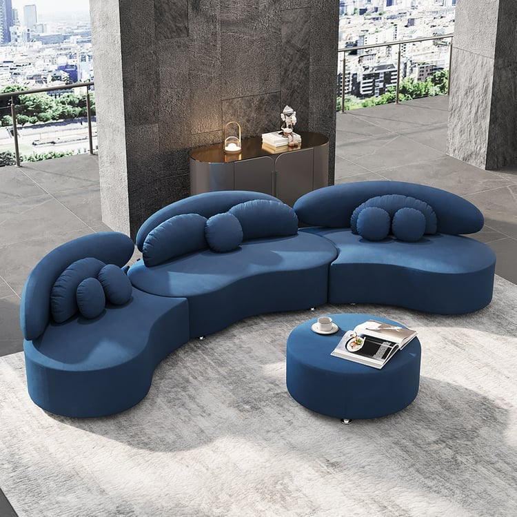Lumea 4-Piece Curved Velvet Sectional Sofa with Ottoman & Pillows Simple & Chic Living