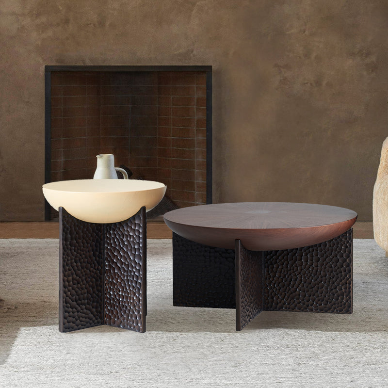 Geometric Cross Base Round Solid Wood Coffee Table - Scandinavian Radiating Grain Tea Table For Living Room