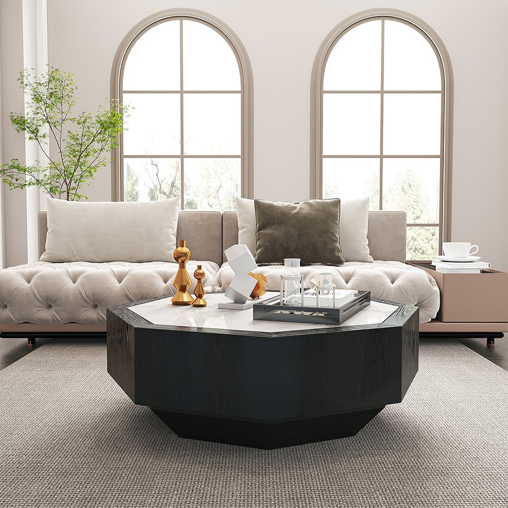 Wood Octagonal Coffee Table Rotating in Black with 2 Drawers Sintered Stone Top