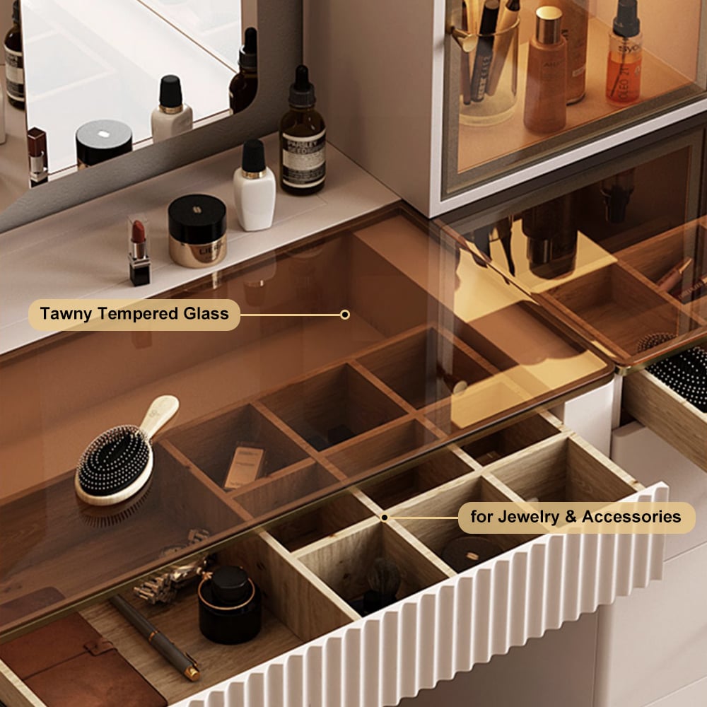 Chanor Makeup Vanity Set Mirrored Dressing Table with Jewelry Storage & Cabinet & Stool