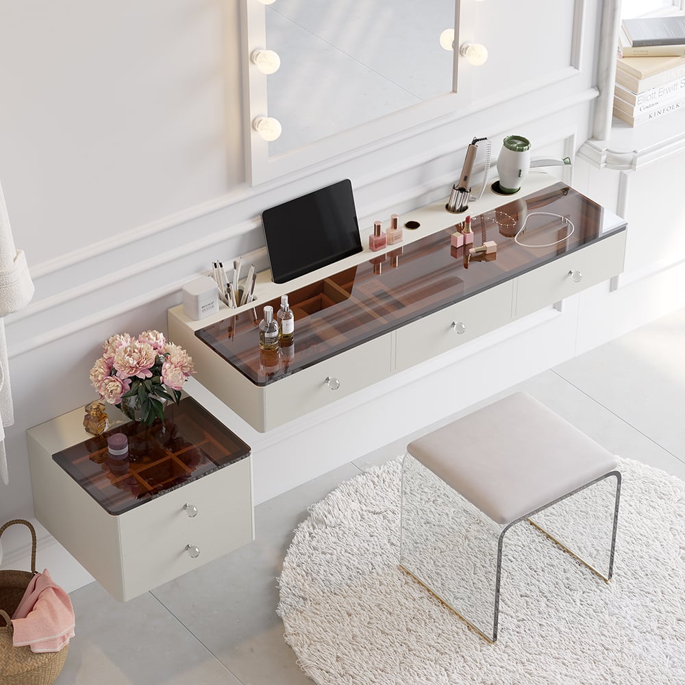 47" Leather Floating Tempered Glass Top Makeup Vanity Set with Stool