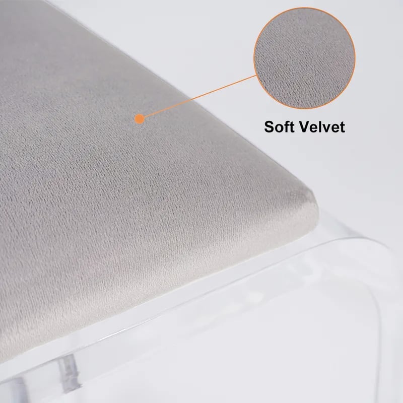 Velvet Upholstered and Acrylic Frame Makeup Vanity Stool Gray and Clear Ottoman
