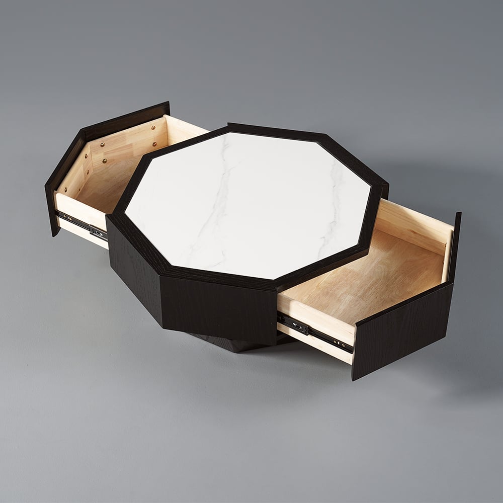 Wood Octagonal Coffee Table Rotating in Black with 2 Drawers Sintered Stone Top