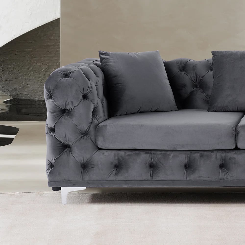 L-Shaped Curved Gray Sectional Sofa Upholstered Velvet Chesterfield Sofa