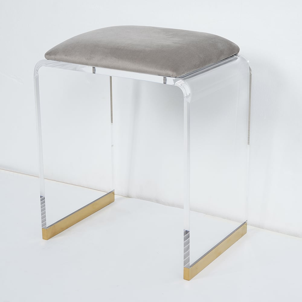 Velvet Upholstered and Acrylic Frame Makeup Vanity Stool Gray and Clear Ottoman