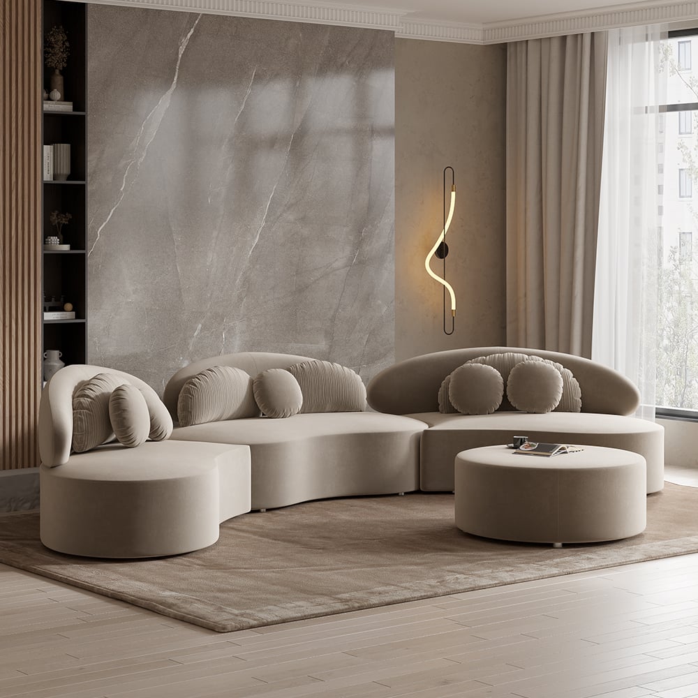 146" 4-Piece Curved Velvet Sectional Sofa with Ottoman & Pillows