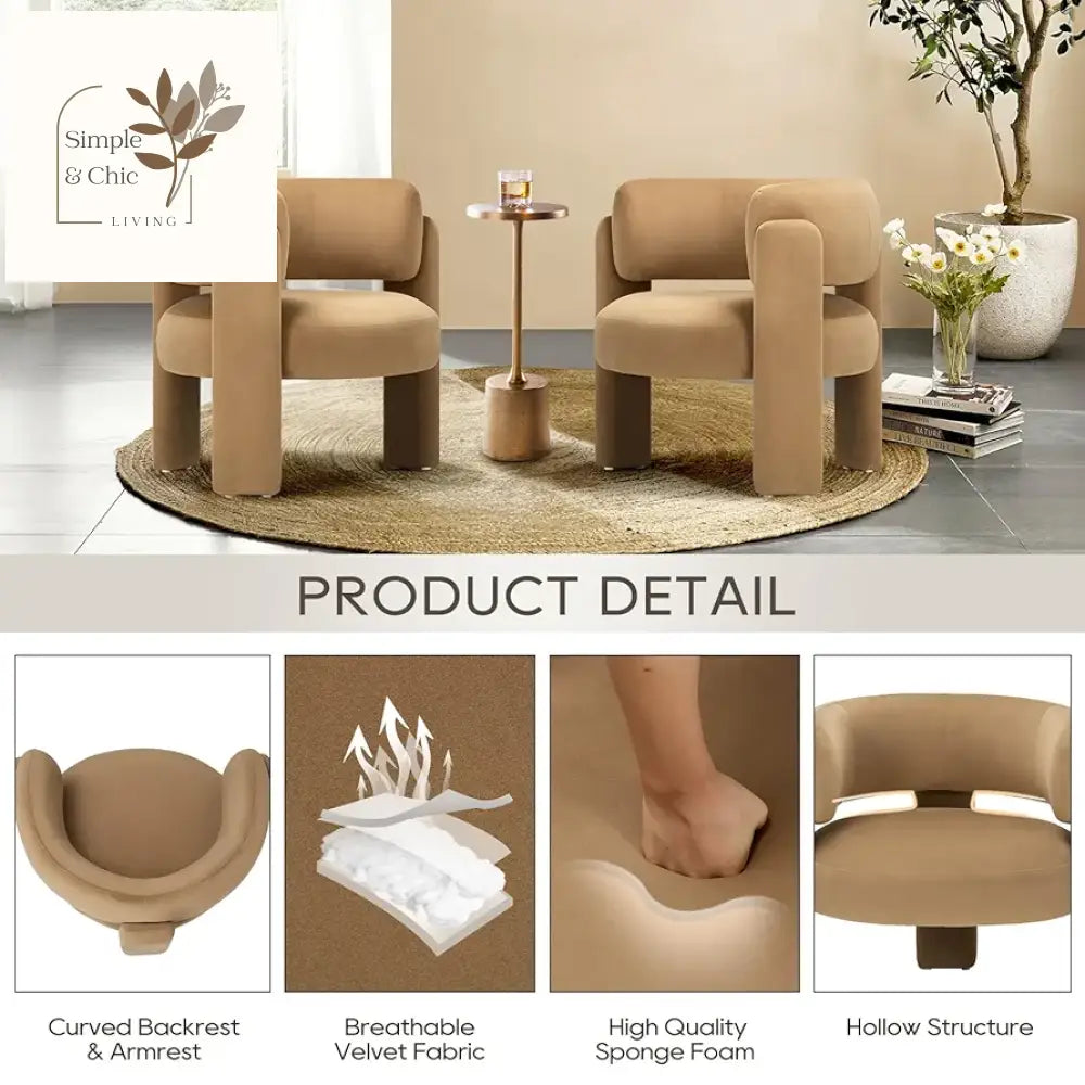 COLAMY Modern Velvet Accent Chairs Set of 2, Upholstered Barrel Chairs, Comfy Side Arm Chairs with 3 Legs for Living Room, Bedroom, Reading, Khaki