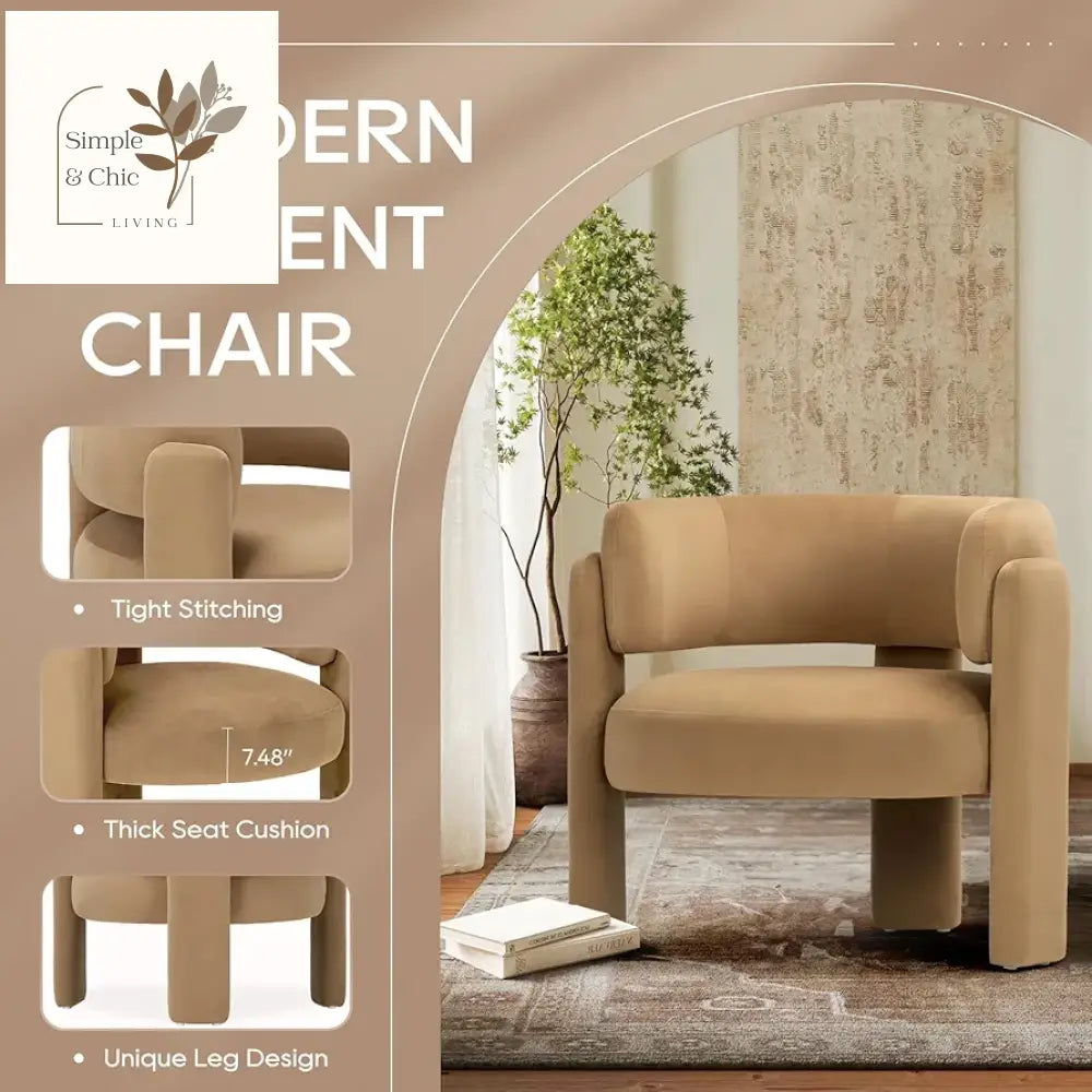 COLAMY Modern Velvet Accent Chairs Set of 2, Upholstered Barrel Chairs, Comfy Side Arm Chairs with 3 Legs for Living Room, Bedroom, Reading, Khaki