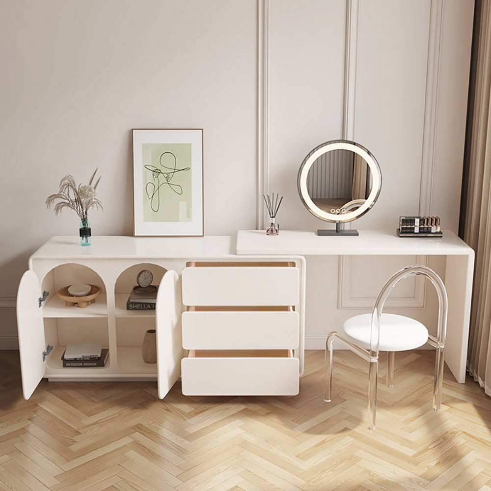 Arem Modern Off White Makeup Vanity Retracted Dressing Table Beauty Station with Drawers
