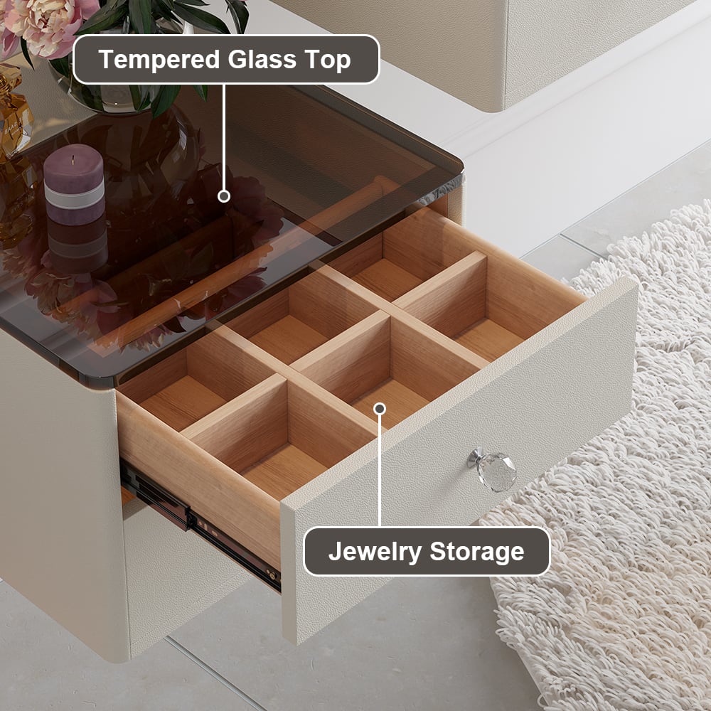 47" Leather Floating Tempered Glass Top Makeup Vanity Set with Stool