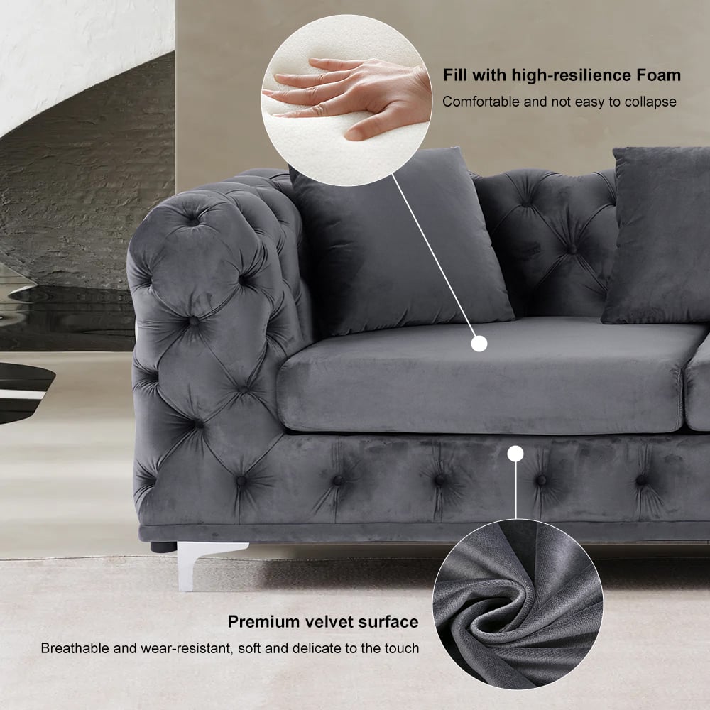 L-Shaped Curved Gray Sectional Sofa Upholstered Velvet Chesterfield Sofa