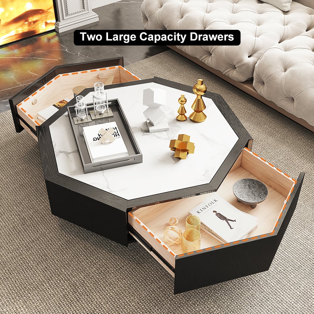 Wood Octagonal Coffee Table Rotating in Black with 2 Drawers Sintered Stone Top