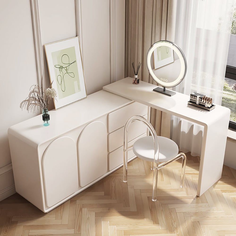 Arem Modern Off White Makeup Vanity Retracted Dressing Table Beauty Station with Drawers